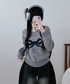 빅리본배색라운드세미크롭긴팔울니트 회색