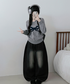 빅리본배색라운드세미크롭긴팔울니트 회색