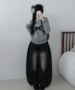 빅리본배색라운드세미크롭긴팔울니트 회색