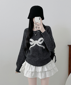 빅리본배색라운드세미크롭긴팔울니트 먹색