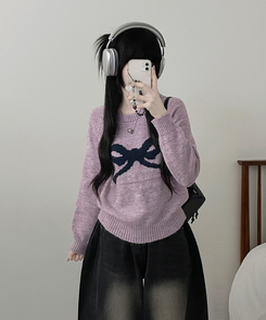 빅리본배색라운드세미크롭긴팔울니트 보라