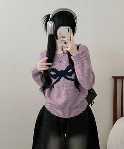 빅리본배색라운드세미크롭긴팔울니트 보라