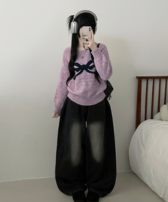 빅리본배색라운드세미크롭긴팔울니트 보라