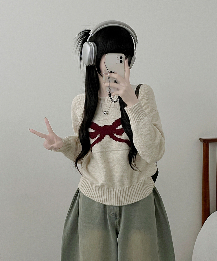 빅리본배색라운드세미크롭긴팔울니트 베이지