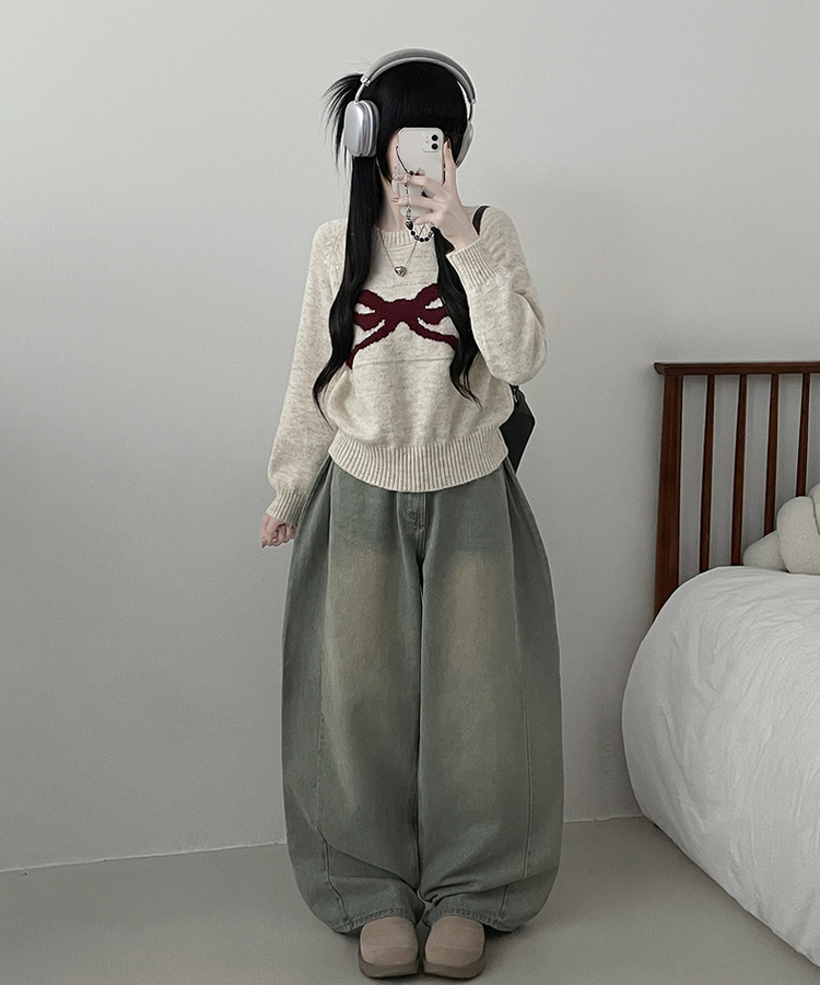 빅리본배색라운드세미크롭긴팔울니트 베이지