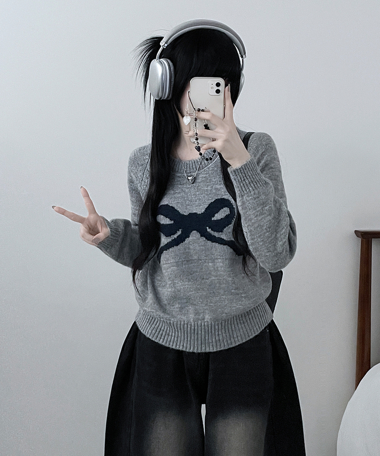 빅리본배색라운드세미크롭긴팔울니트 회색