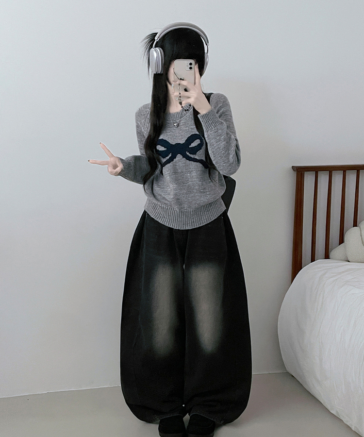 빅리본배색라운드세미크롭긴팔울니트 회색