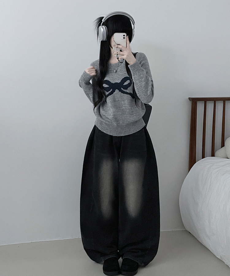 빅리본배색라운드세미크롭긴팔울니트 회색