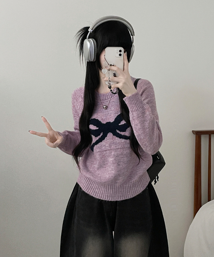 빅리본배색라운드세미크롭긴팔울니트 보라