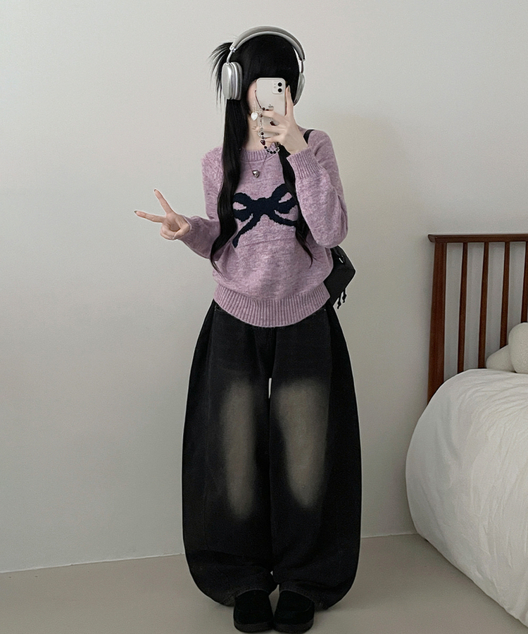 빅리본배색라운드세미크롭긴팔울니트 보라