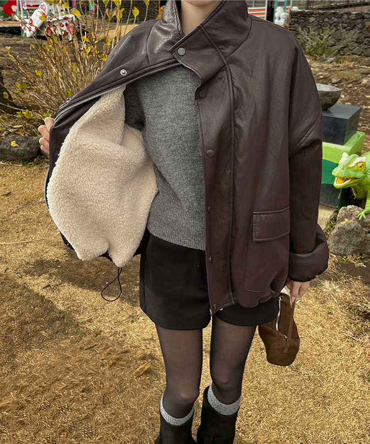 클래식 루즈핏 스트링 전체 안감 도톰 하이넥 레더 무스탕