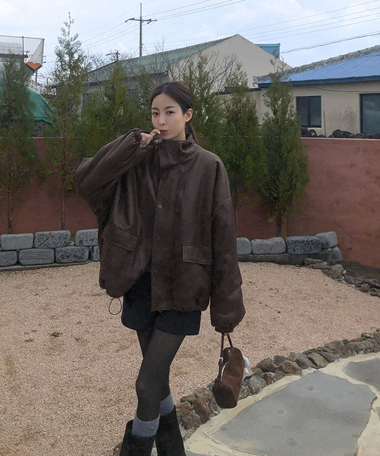 클래식 루즈핏 스트링 전체 안감 도톰 하이넥 레더 무스탕