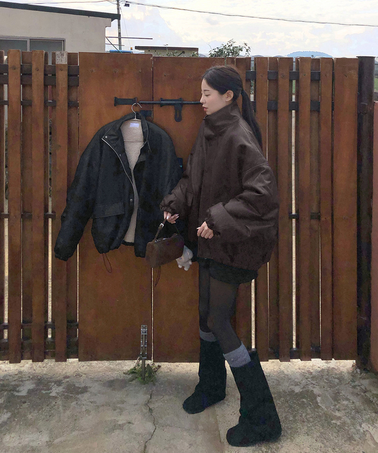 클래식 루즈핏 스트링 전체 안감 도톰 하이넥 레더 무스탕