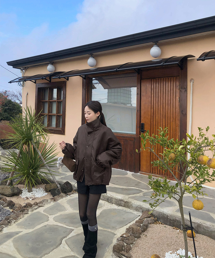 클래식 루즈핏 스트링 전체 안감 도톰 하이넥 레더 무스탕