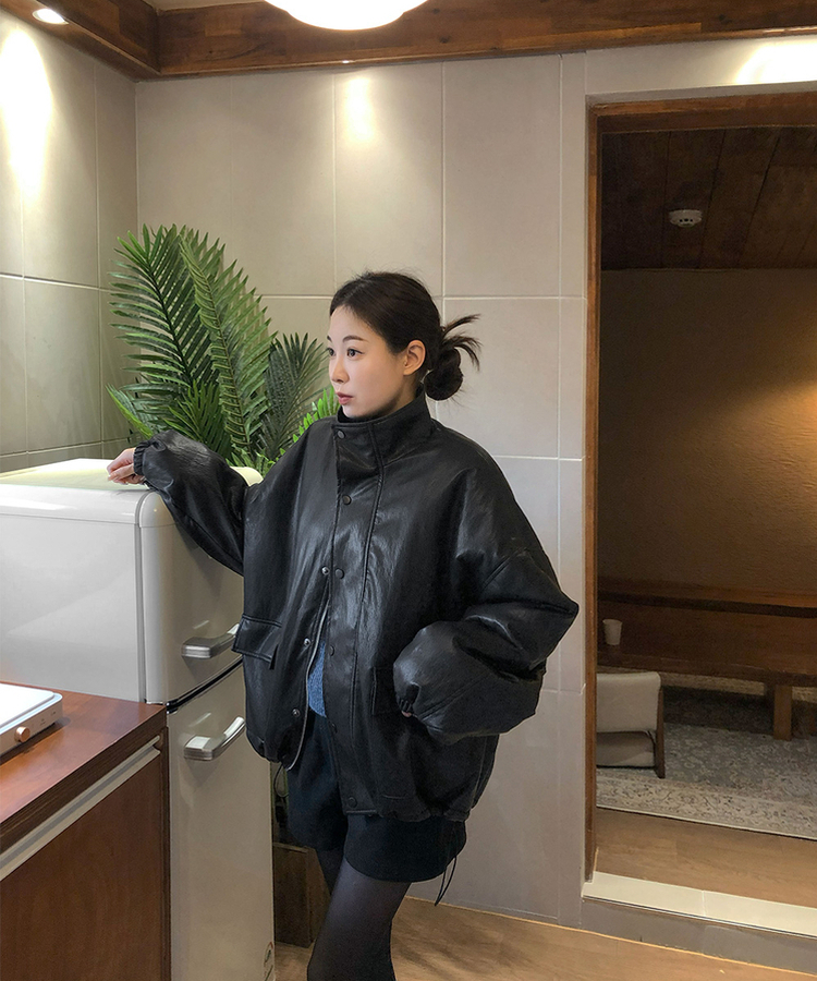 클래식 루즈핏 스트링 전체 안감 도톰 하이넥 레더 무스탕