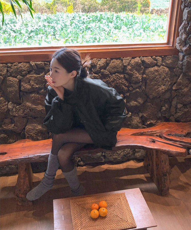 클래식 루즈핏 스트링 전체 안감 도톰 하이넥 레더 무스탕