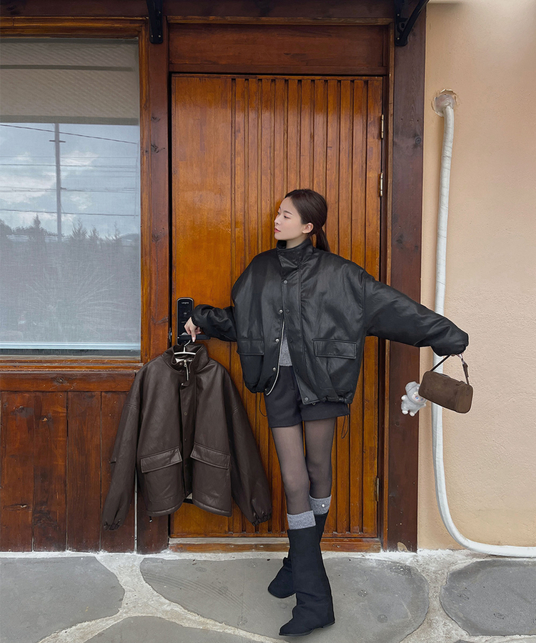 클래식 루즈핏 스트링 전체 안감 도톰 하이넥 레더 무스탕