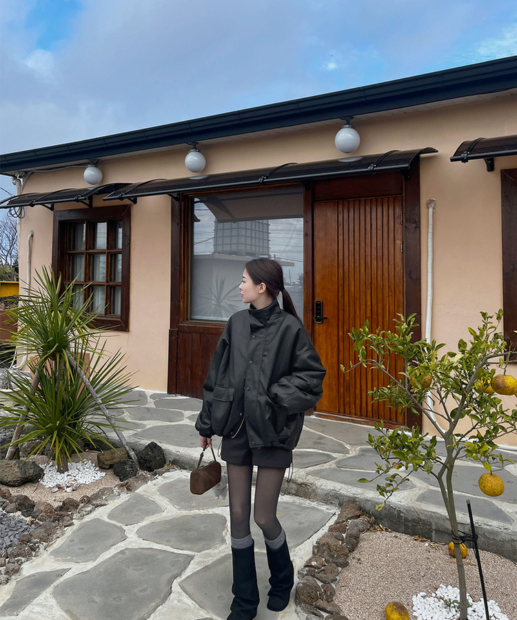 클래식 루즈핏 스트링 전체 안감 도톰 하이넥 레더 무스탕