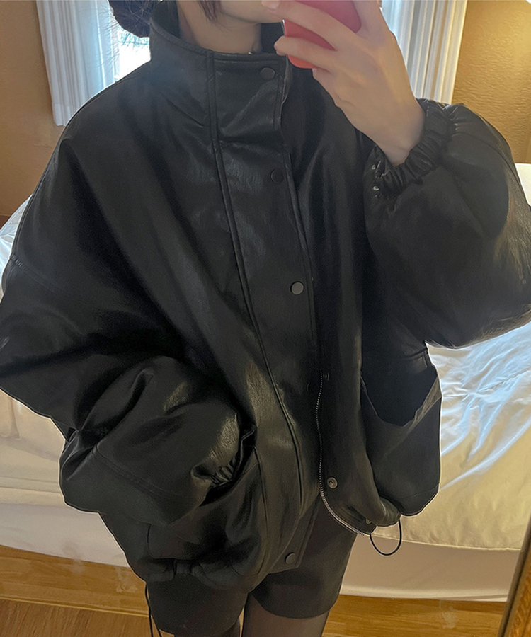 클래식 루즈핏 스트링 전체 안감 도톰 하이넥 레더 무스탕