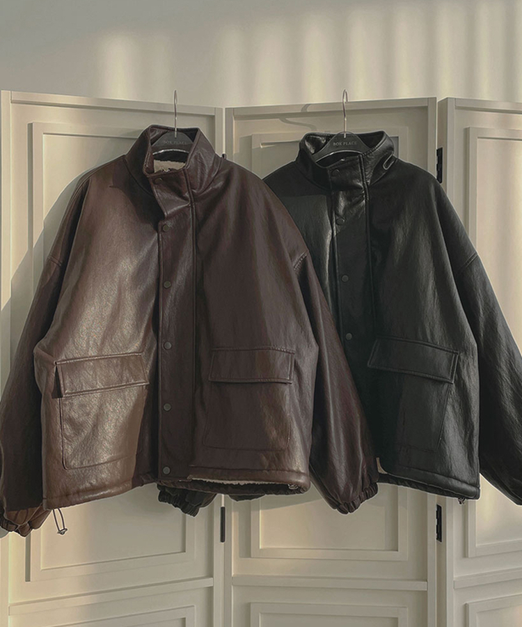 클래식 루즈핏 스트링 전체 안감 도톰 하이넥 레더 무스탕