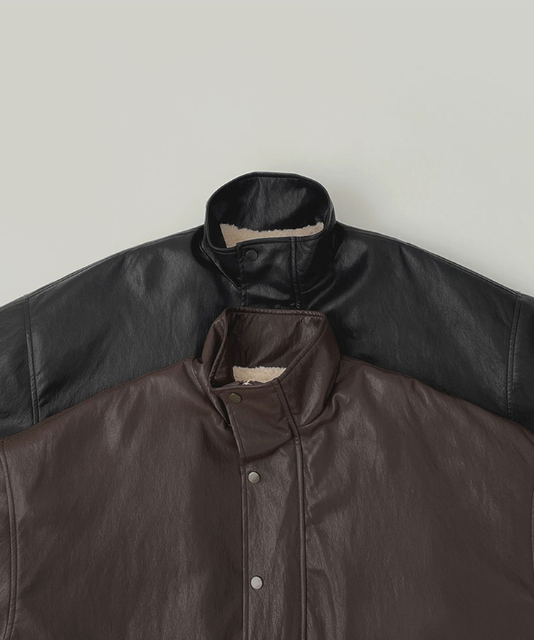 클래식 루즈핏 스트링 전체 안감 도톰 하이넥 레더 무스탕