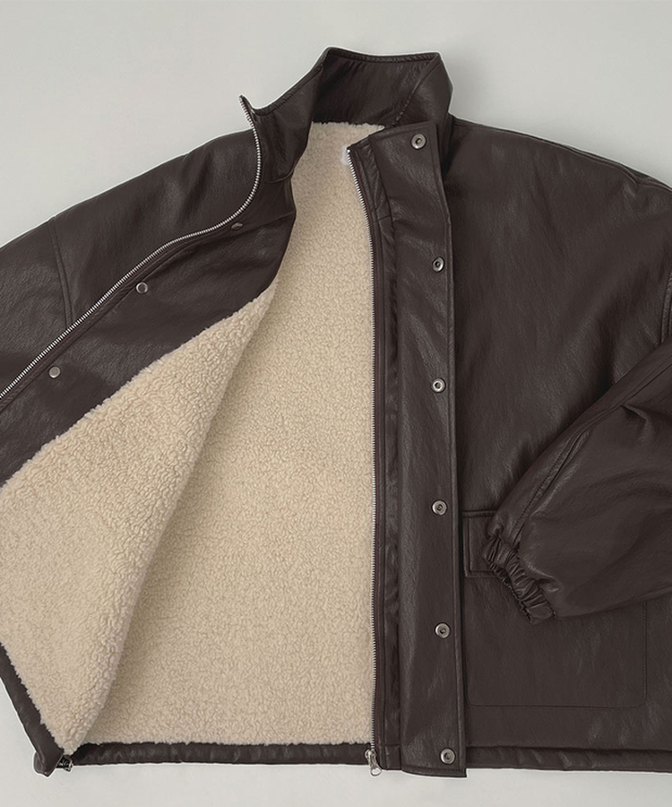 클래식 루즈핏 스트링 전체 안감 도톰 하이넥 레더 무스탕