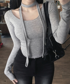 디에 머플러 세트 스판 유넥 밑단 굴림 슬림 긴팔 티셔츠 그레이