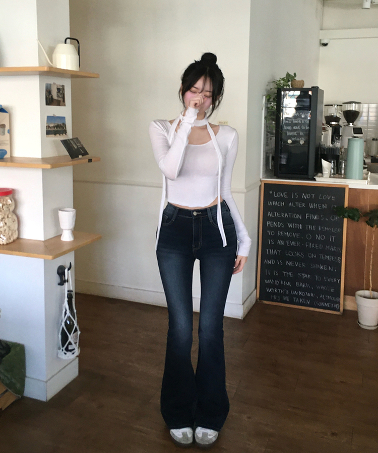 디에 머플러 세트 스판 유넥 밑단 굴림 슬림 긴팔 티셔츠 아이보리