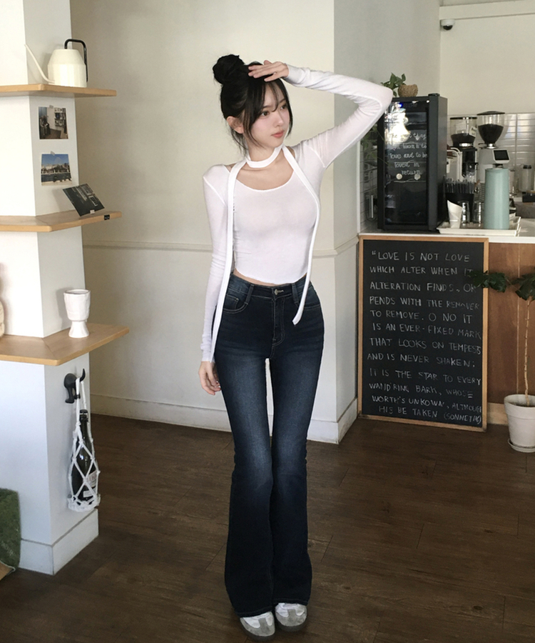 디에 머플러 세트 스판 유넥 밑단 굴림 슬림 긴팔 티셔츠 아이보리