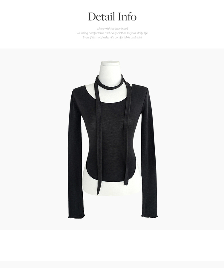 디에 머플러 세트 스판 유넥 밑단 굴림 슬림 긴팔 티셔츠