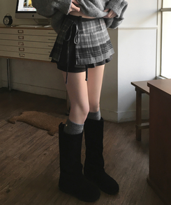키코 체크 빈티지 플리츠 리본 끈 레이어드 미니 랩 스커트 블랙