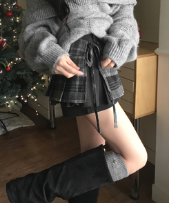 키코 체크 빈티지 플리츠 리본 끈 레이어드 미니 랩 스커트 블랙