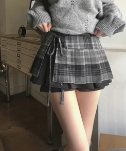 키코 체크 빈티지 플리츠 리본 끈 레이어드 미니 랩 스커트 블랙