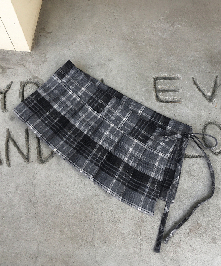 키코 체크 빈티지 플리츠 리본 끈 레이어드 미니 랩 스커트