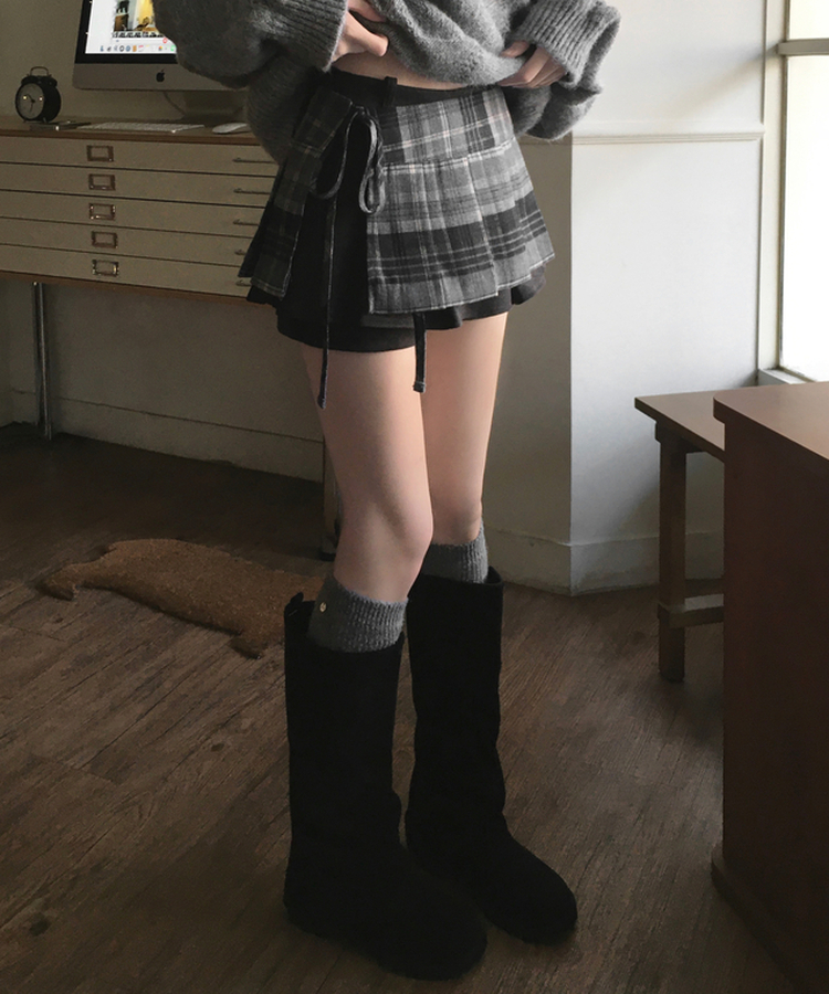 키코 체크 빈티지 플리츠 리본 끈 레이어드 미니 랩 스커트 블랙