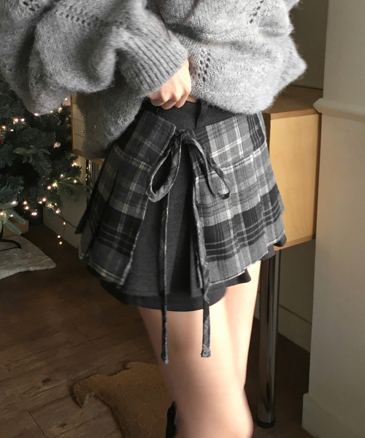 키코 체크 빈티지 플리츠 리본 끈 레이어드 미니 랩 스커트 블랙