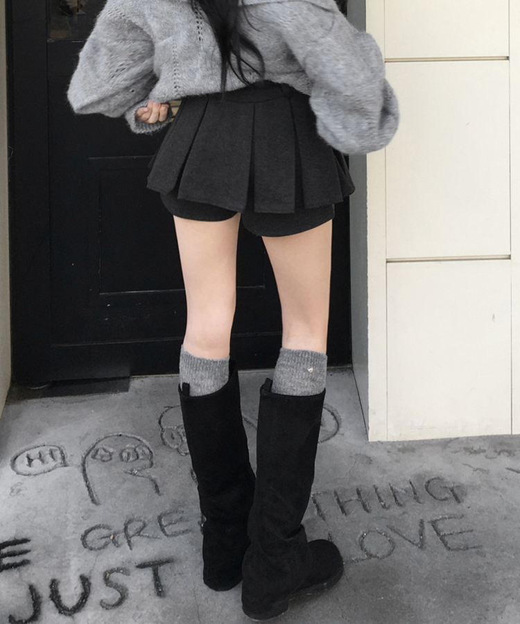 모네 모직 플리츠 미니 스커트 팬츠 치마바지 그레이