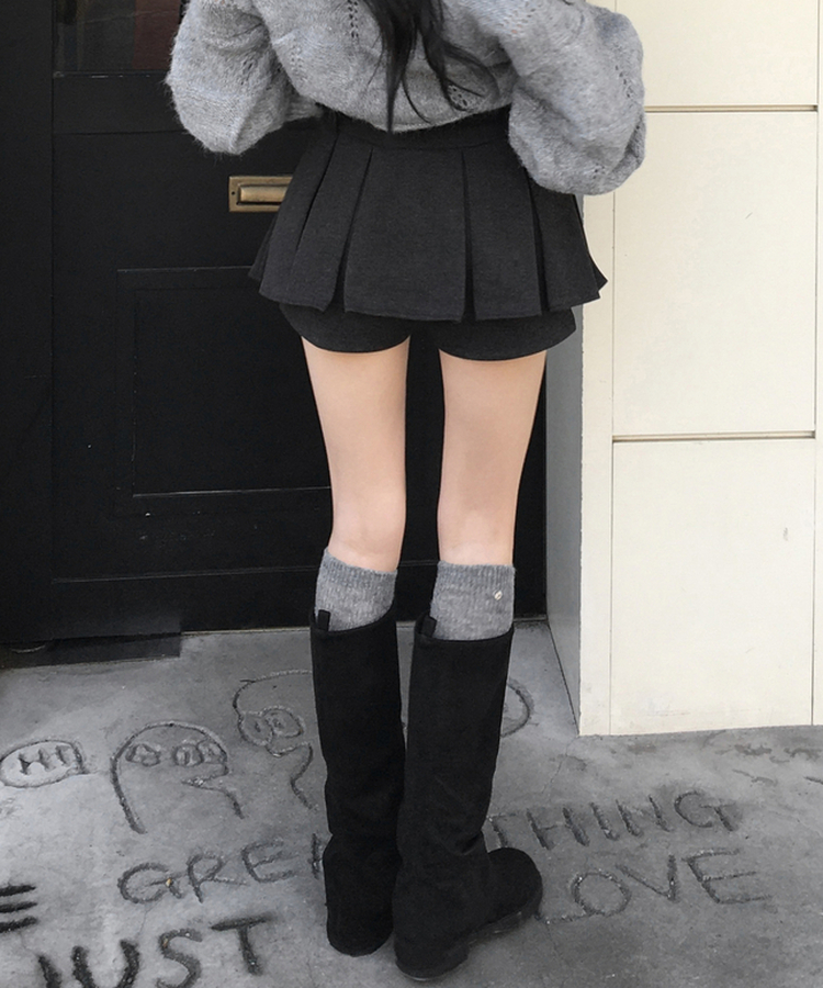 모네 모직 플리츠 미니 스커트 팬츠 치마바지 그레이