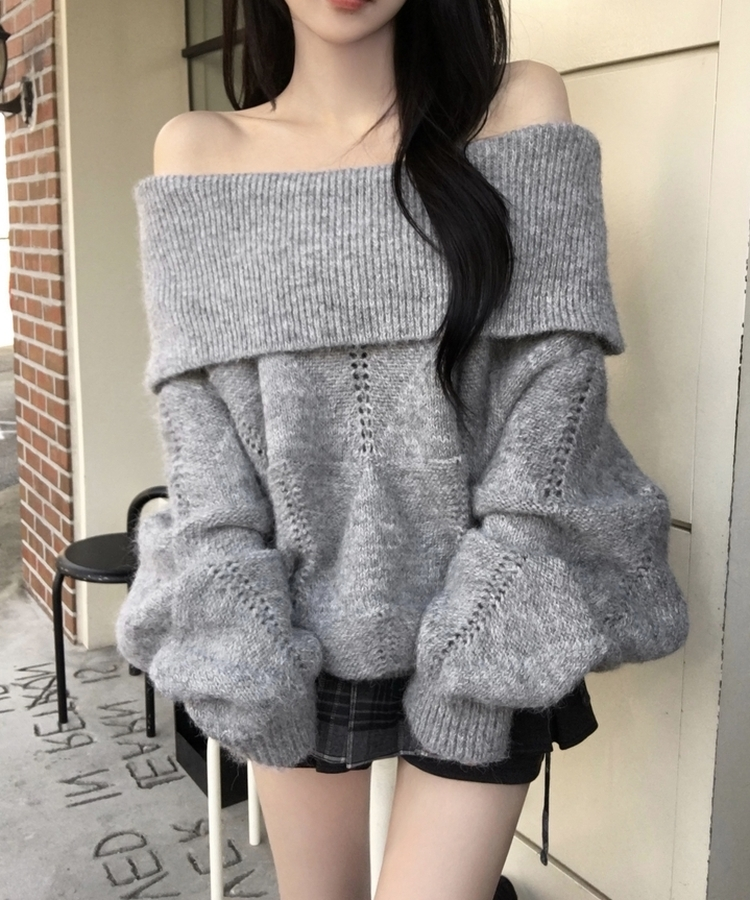 모니카 다이아 펀칭 오프숄더 오버핏 아방 도톰 긴팔 니트 그레이