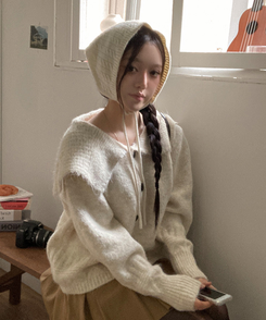 빅카라 세일러 자가드 가디건 베이지