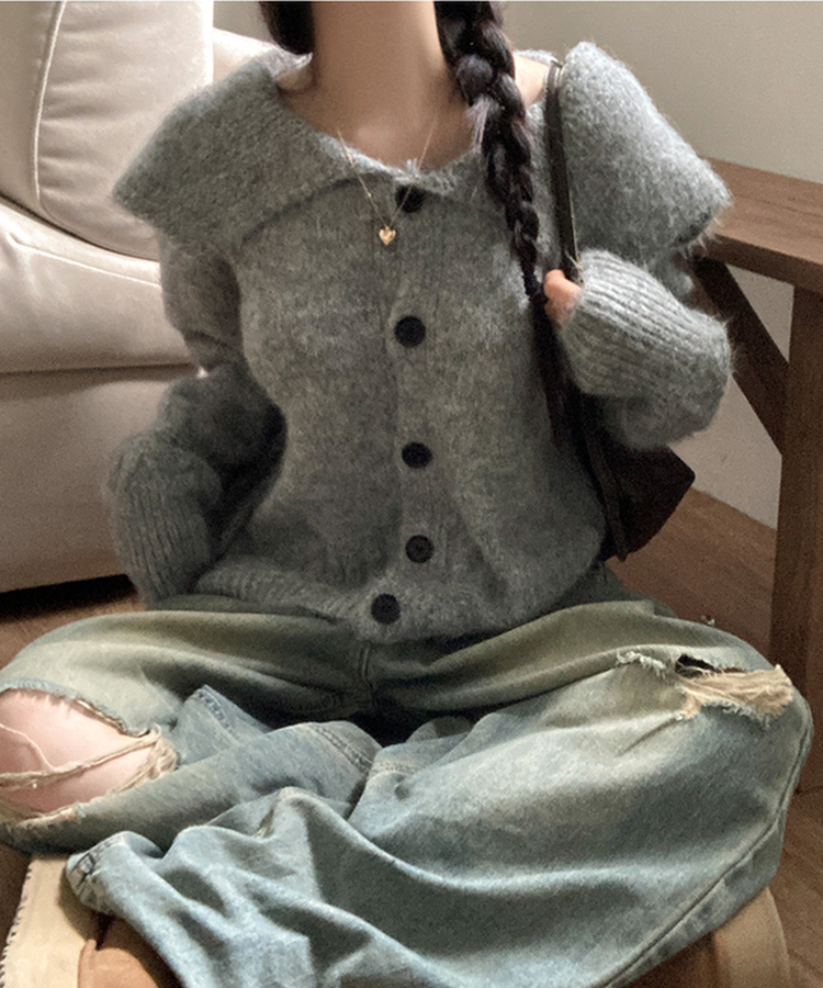 빅카라 세일러 자가드 가디건 그레이