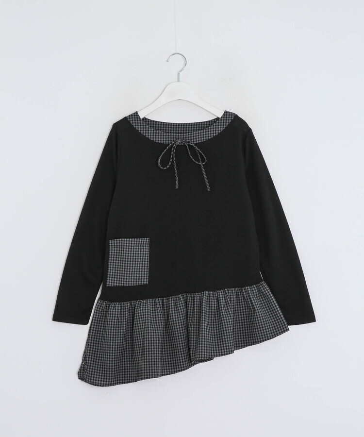 チェック柄アンバランス長袖Tシャツ