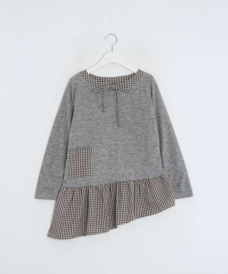 チェック柄アンバランス長袖Tシャツ