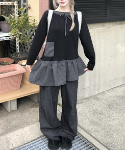 チェック柄アンバランス長袖Tシャツ BLACK