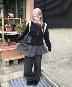 チェック柄アンバランス長袖Tシャツ BLACK