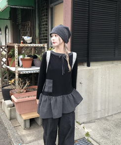 チェック柄アンバランス長袖Tシャツ BLACK