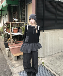 チェック柄アンバランス長袖Tシャツ BLACK