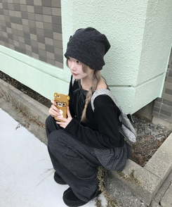 チェック柄アンバランス長袖Tシャツ BLACK