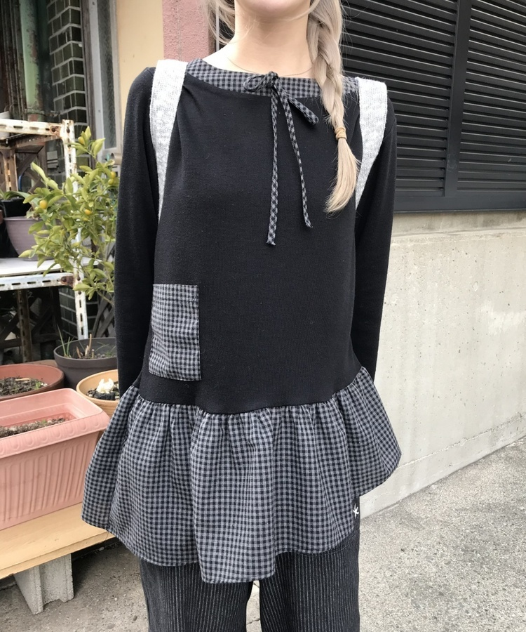 チェック柄アンバランス長袖Tシャツ BLACK