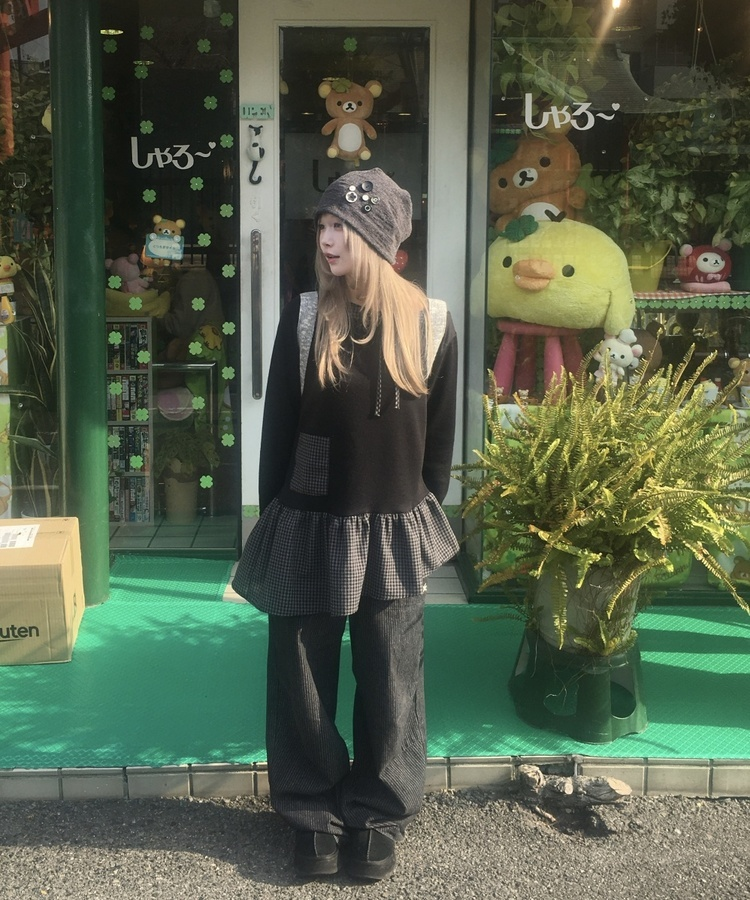 チェック柄アンバランス長袖Tシャツ BLACK